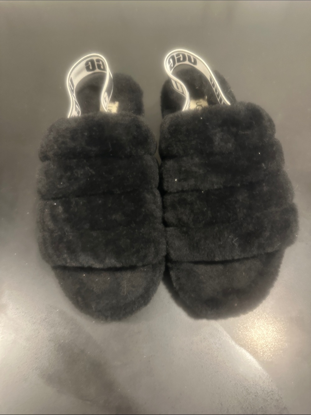 UGG Black Plush Shearling Slide Slippers with Logo Strap